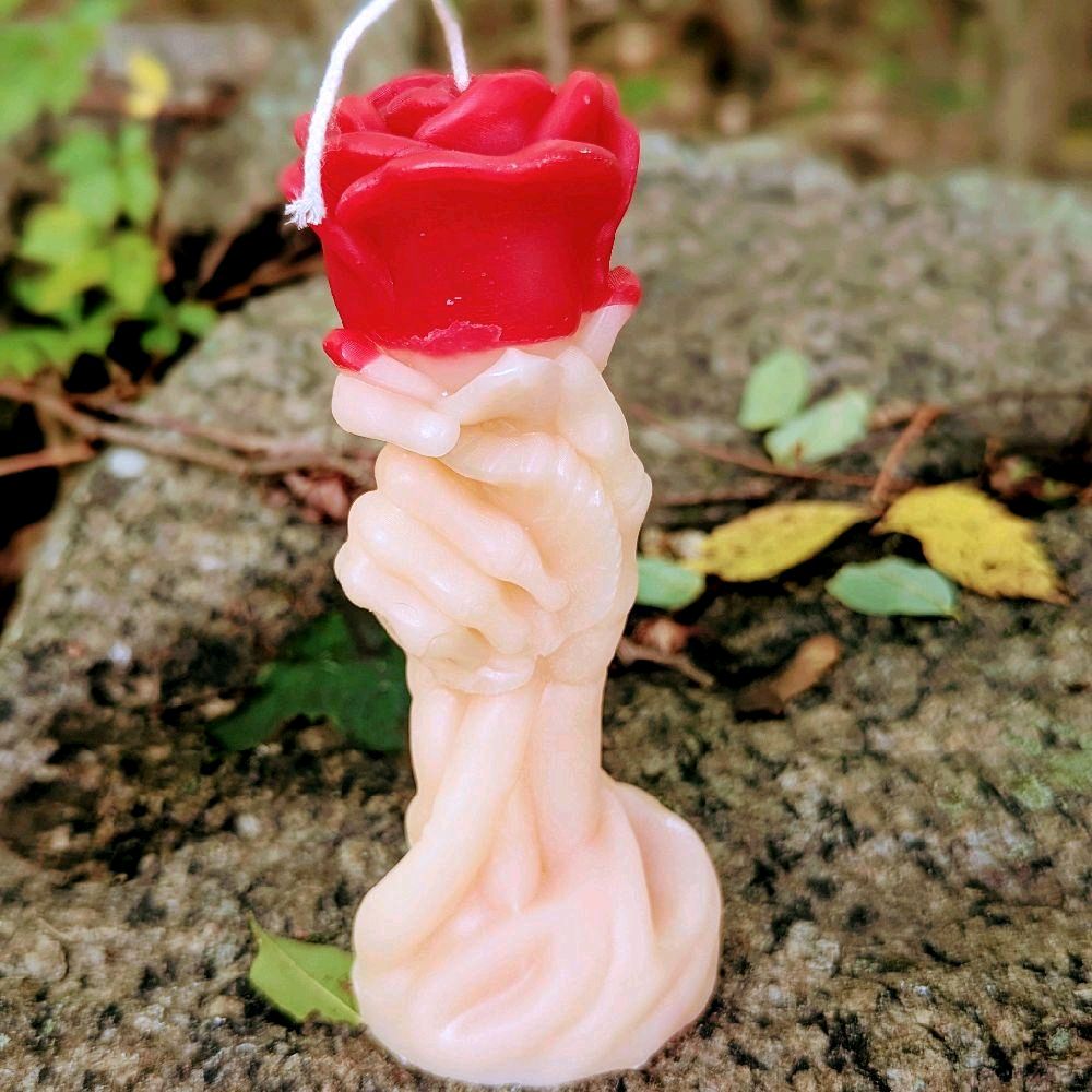 Rose with Skull Hands Unscented Candle - Handmade Decorative Candle for Home and Office
