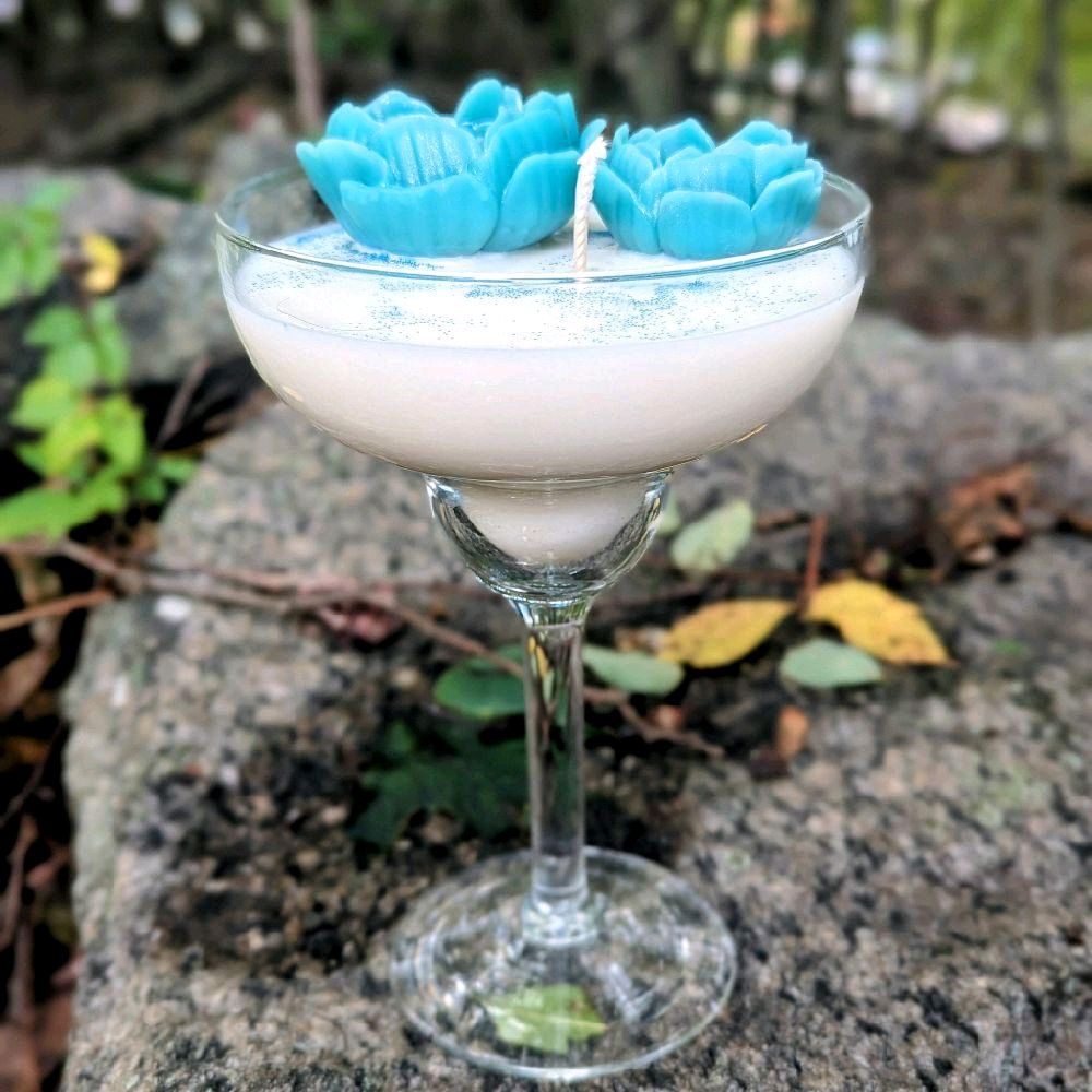 Coconut Scented Candles on Martini Glass with Colorful Flower Decorations for Aromatherapy and Home Decor
