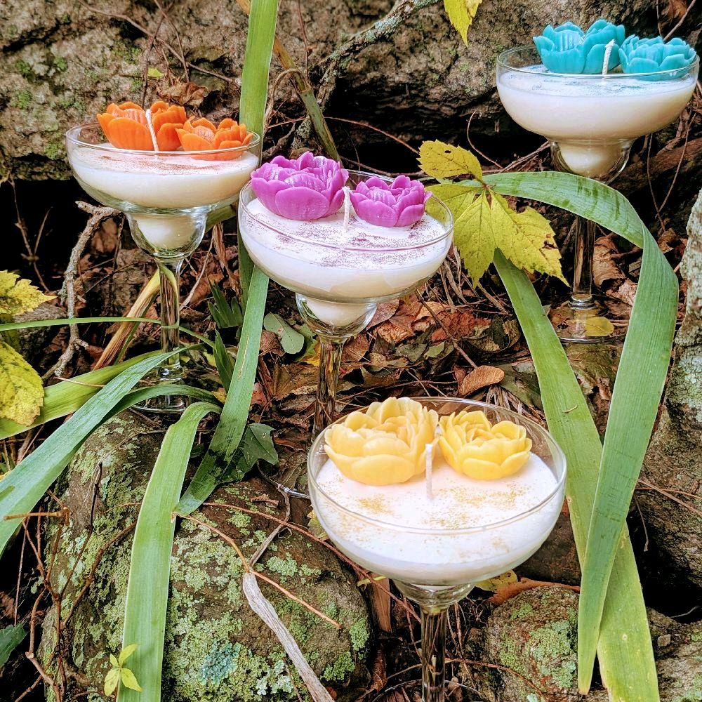 Coconut Scented Candles on Martini Glass with Colorful Flower Decorations for Aromatherapy and Home Decor