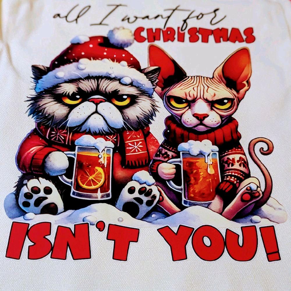Christmas Handmade Totes with Festive Cat Design and Snowflake Scarf Perfect for Holiday Shopping