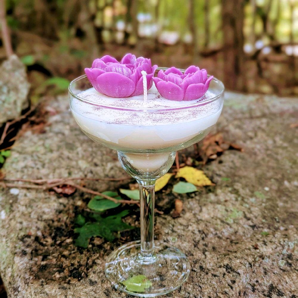 Coconut Scented Candles on Martini Glass with Colorful Flower Decorations for Aromatherapy and Home Decor