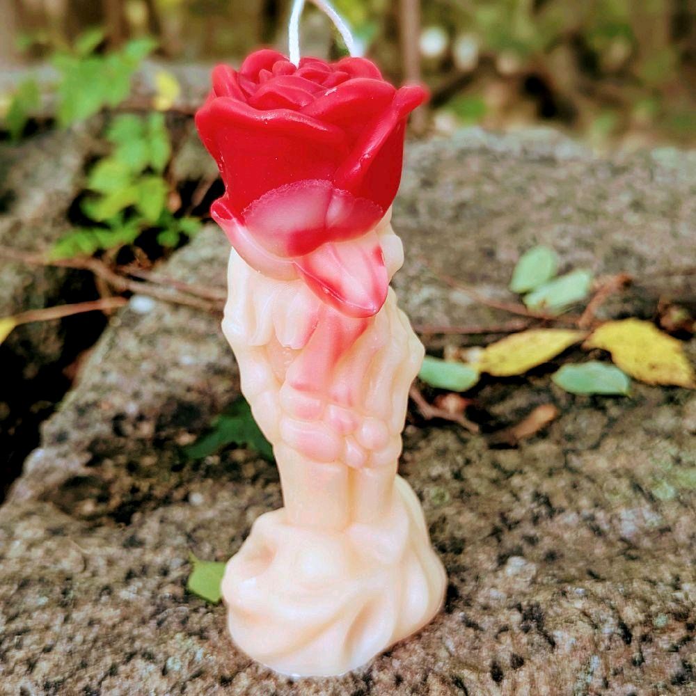 Rose with Skull Hands Unscented Candle - Handmade Decorative Candle for Home and Office