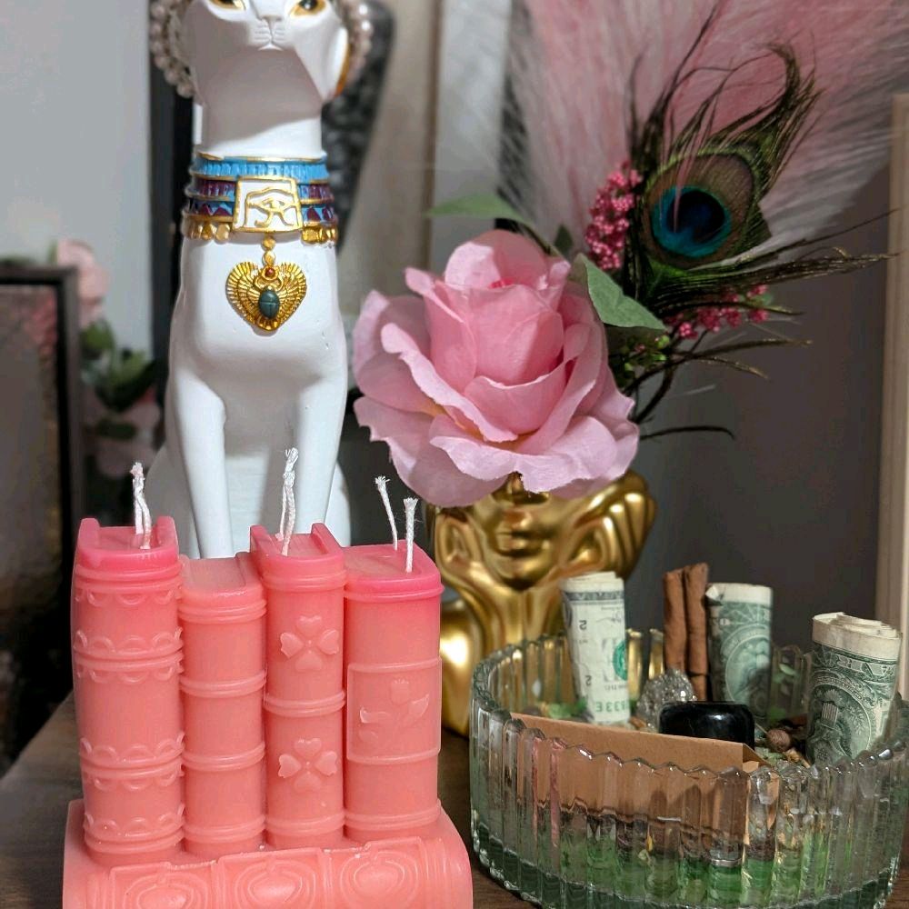 Book Weight Soy Wax Candle - Pink Design Inspired by Decorative Elements and Objects Shown