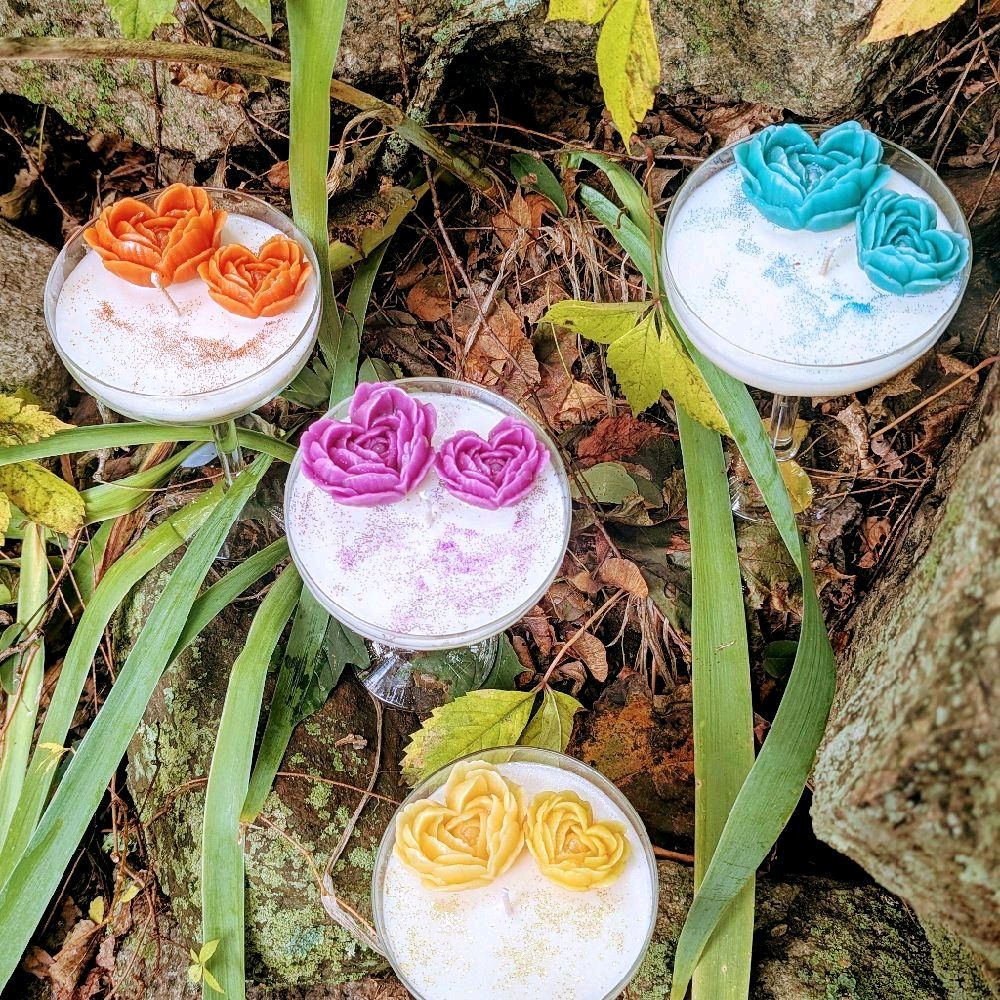 Coconut Scented Candles on Martini Glass with Colorful Flower Decorations for Aromatherapy and Home Decor
