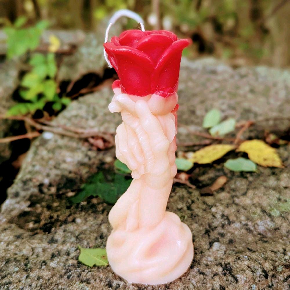 Rose with Skull Hands Unscented Candle - Handmade Decorative Candle for Home and Office